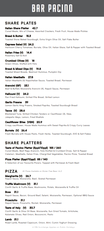 Menu, Bar Pacino