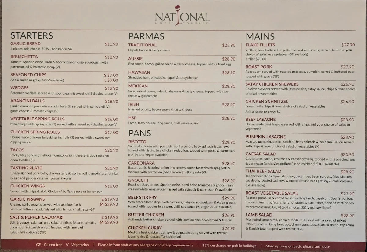 Menu, National Hotel Bar & Grill