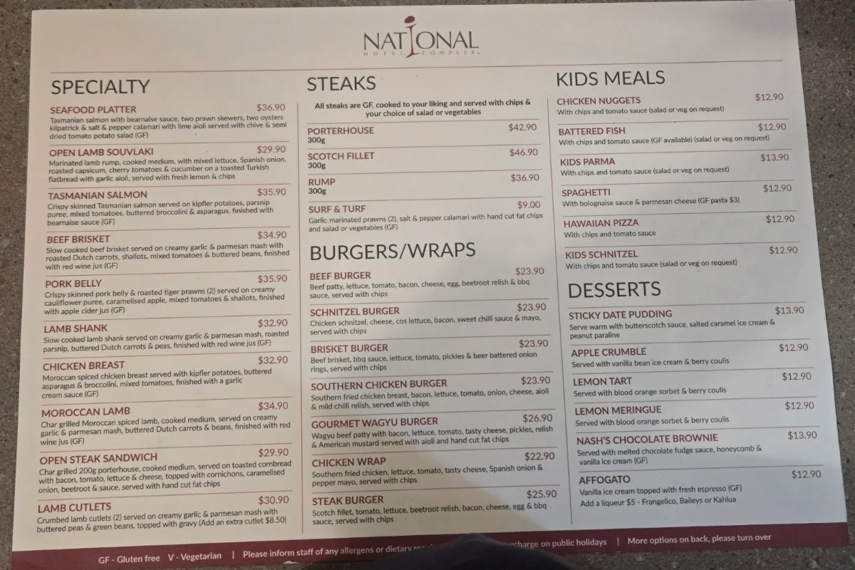 Menu, National Hotel Bar & Grill