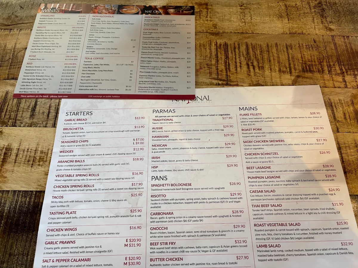 Menu, National Hotel Bar & Grill