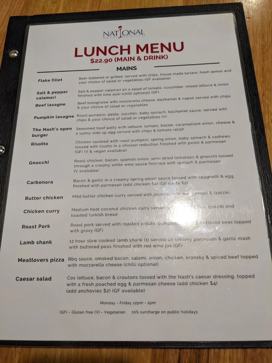 Menu, National Hotel Bar & Grill
