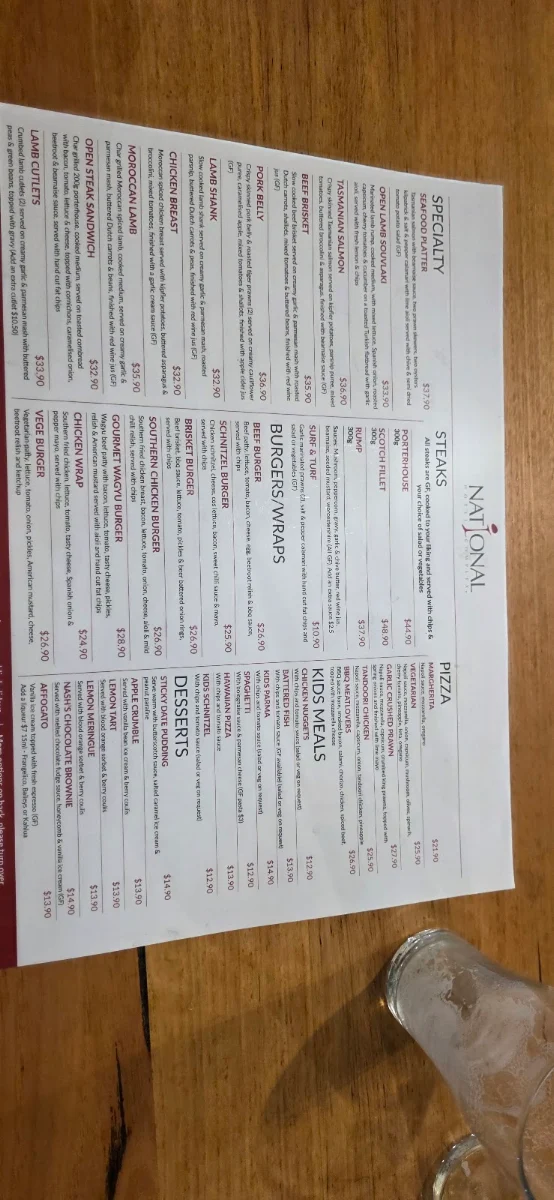 Menu, National Hotel Bar & Grill