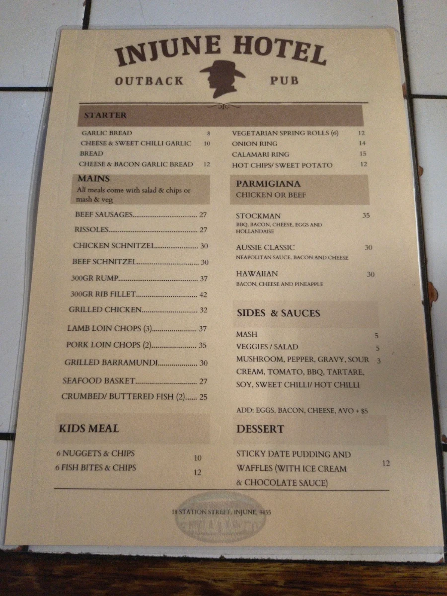 Menu, Injune Hotel