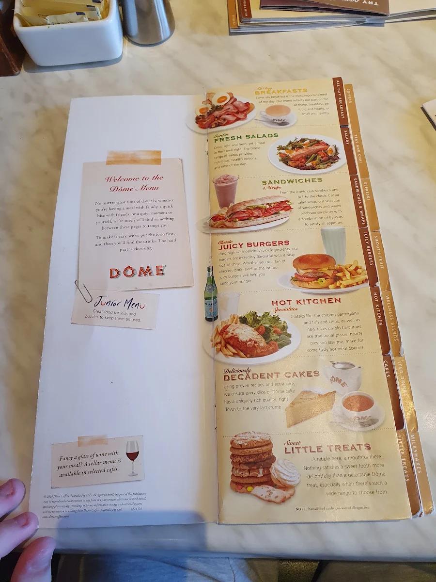 Menu, Dôme Café - Kelmscott