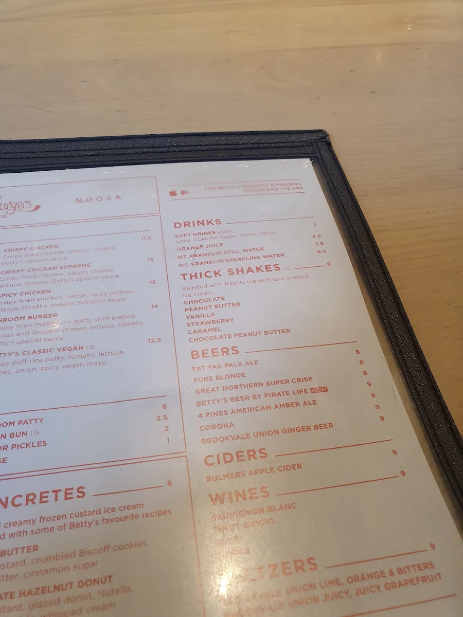 Menu, Betty's Burgers