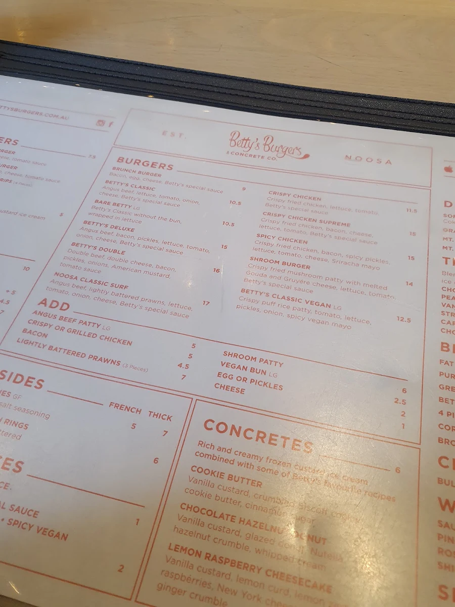 Menu, Betty's Burgers