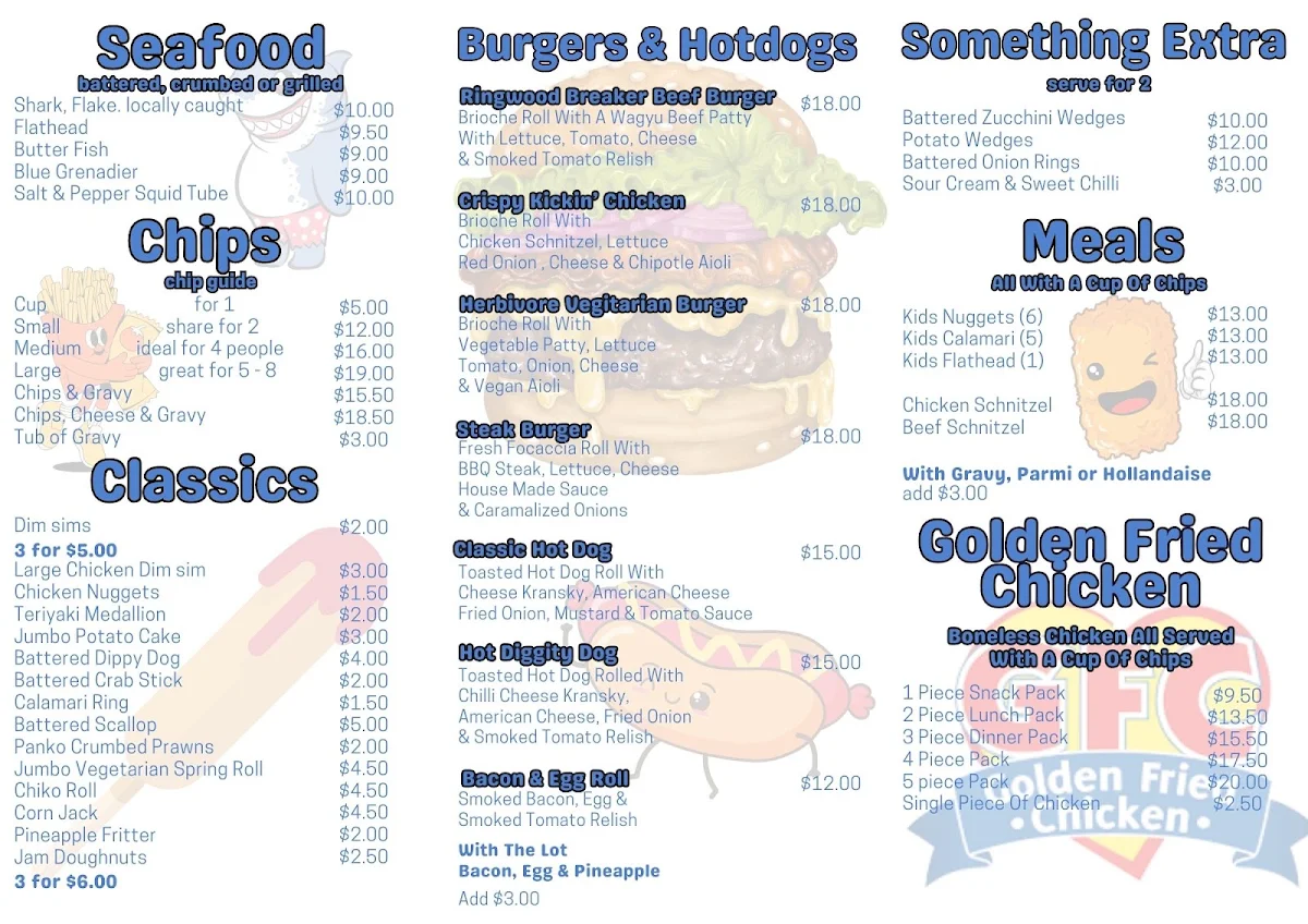 Menu, Beachport Takeaway