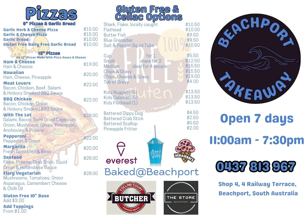 Menu, Beachport Takeaway