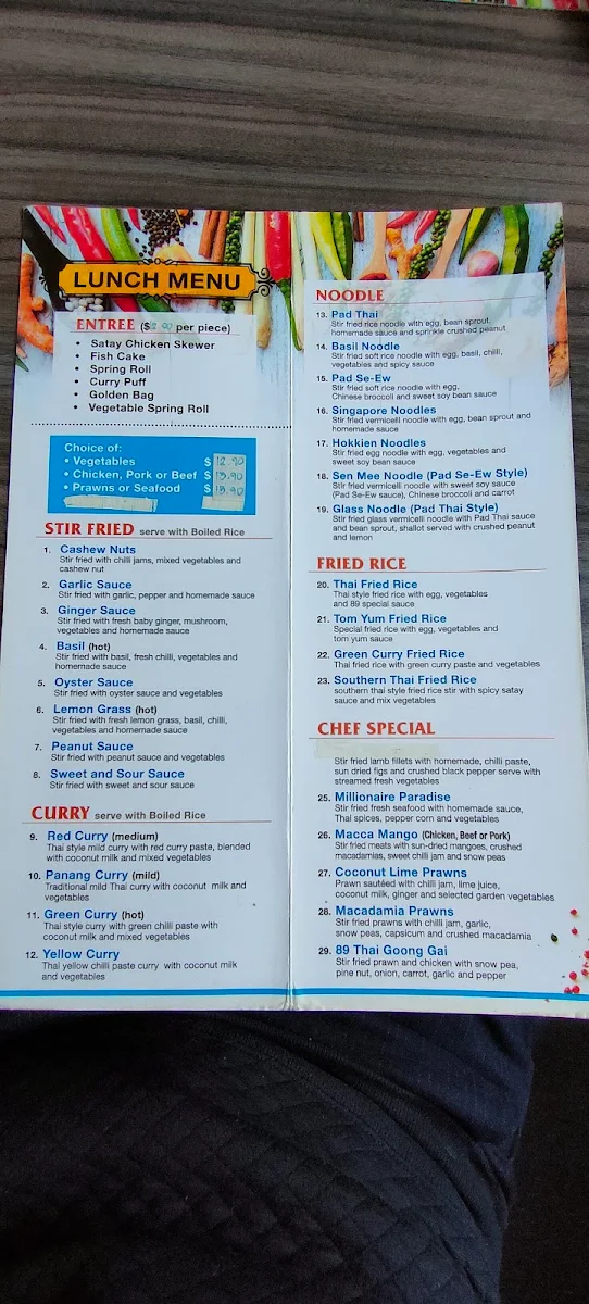 Menu, 89 Thai Windsor