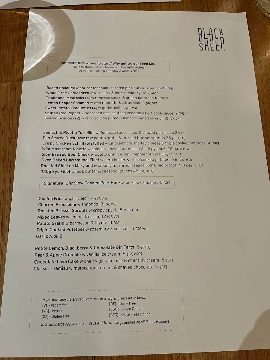 Menu, Black Sheep Geelong