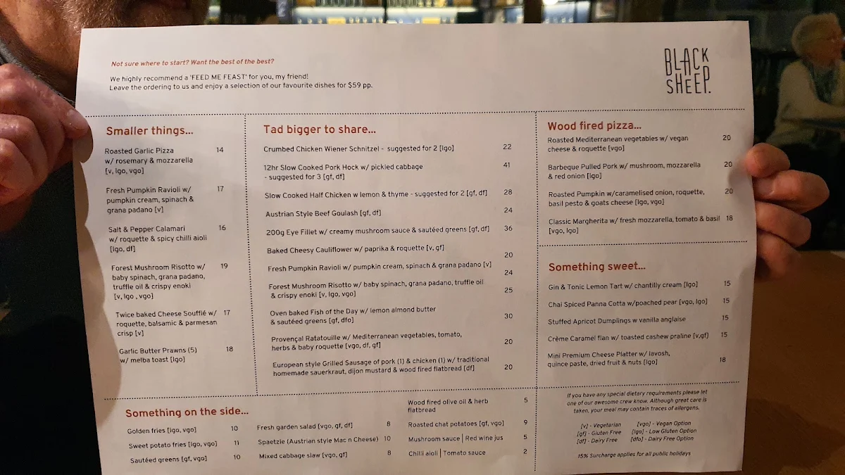 Menu, Black Sheep Geelong