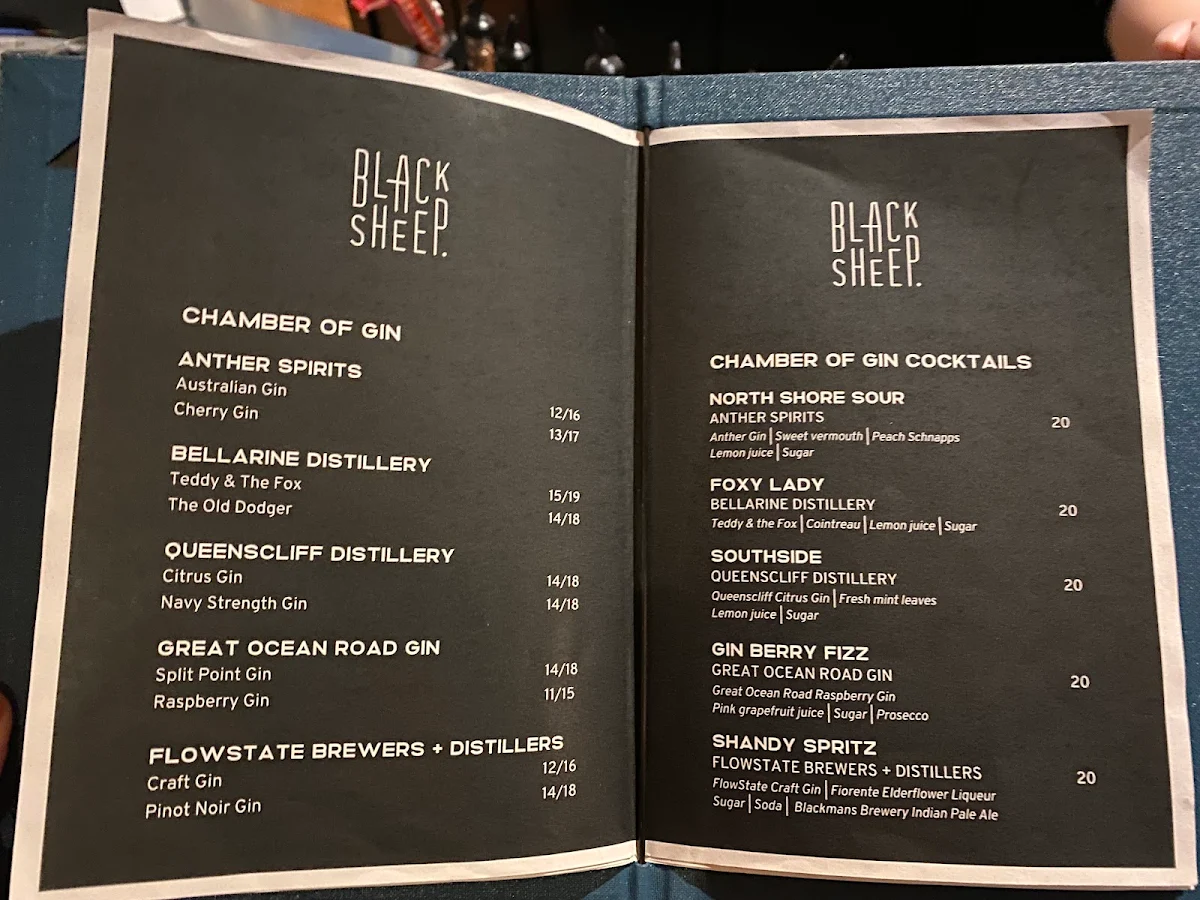 Menu, Black Sheep Geelong