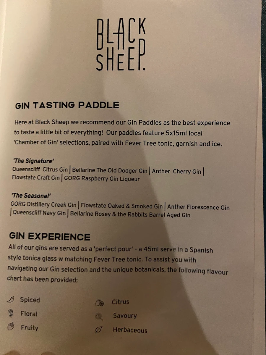 Menu, Black Sheep Geelong