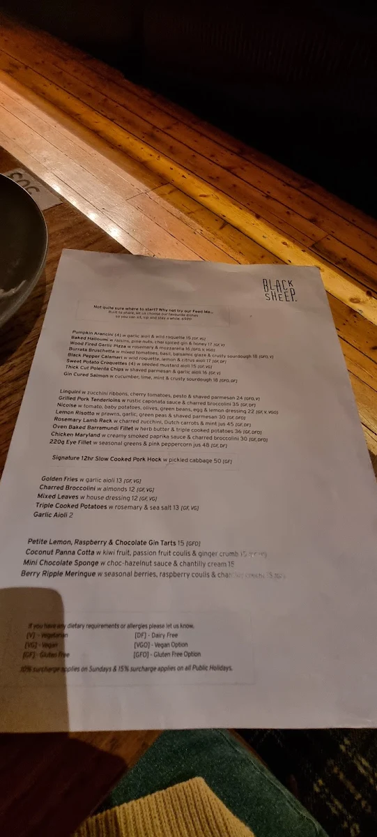 Menu, Black Sheep Geelong
