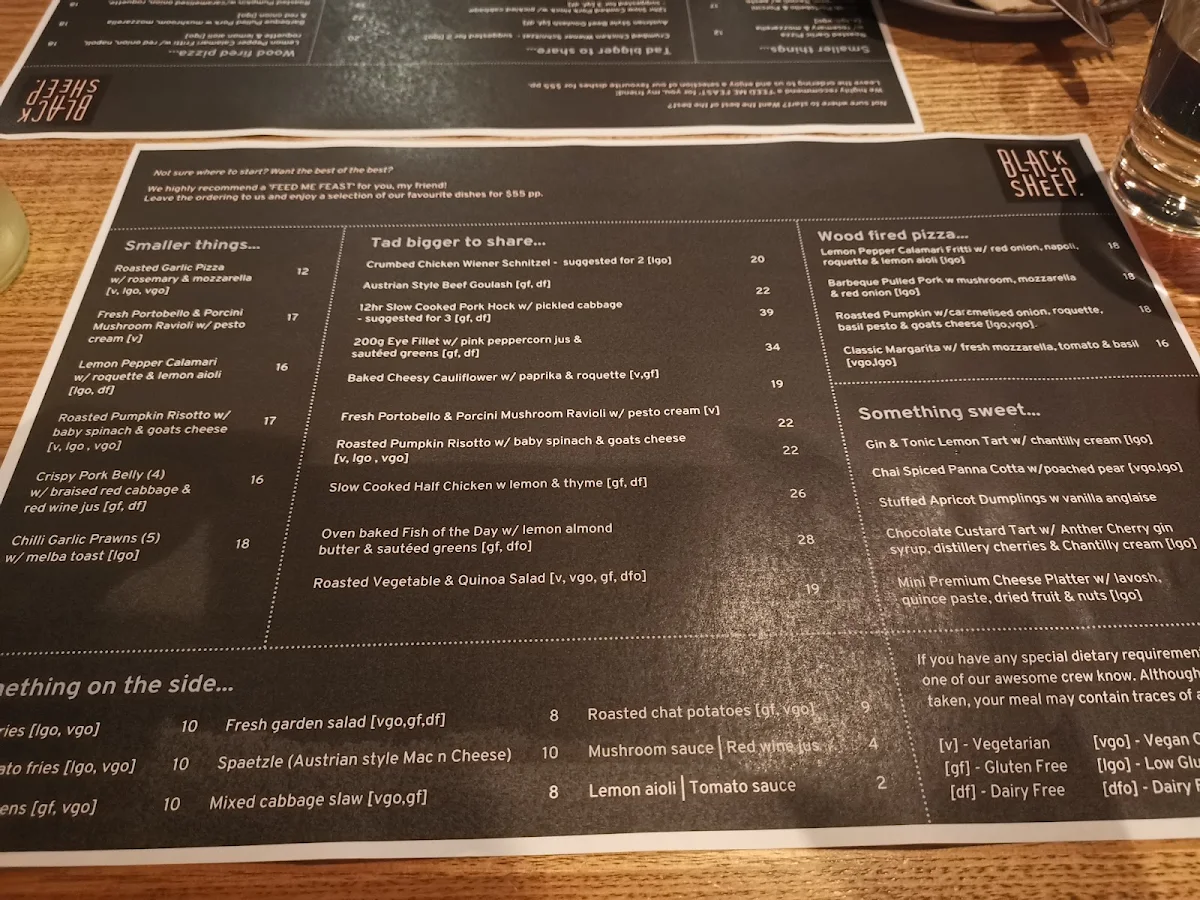 Menu, Black Sheep Geelong