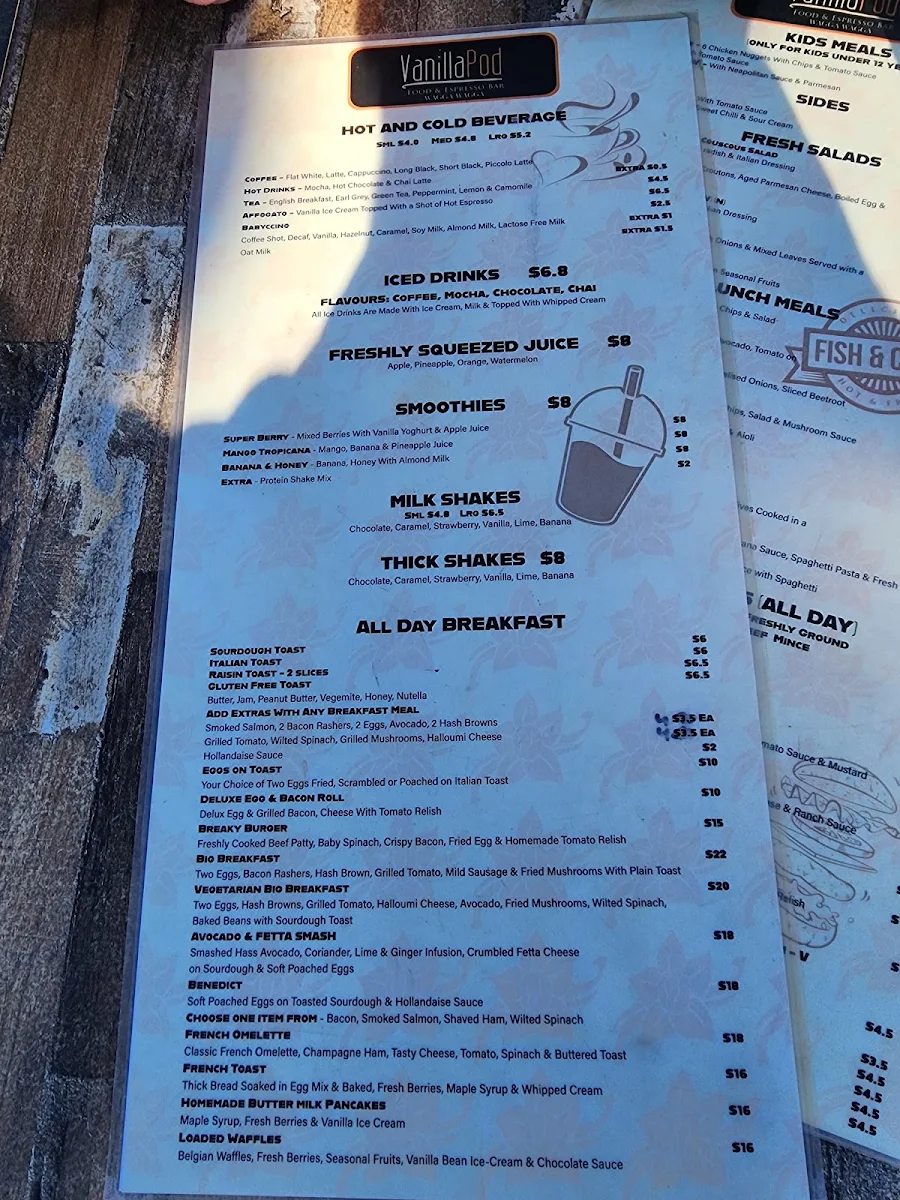 Menu, Vanilla Pod Food & Espresso Bar