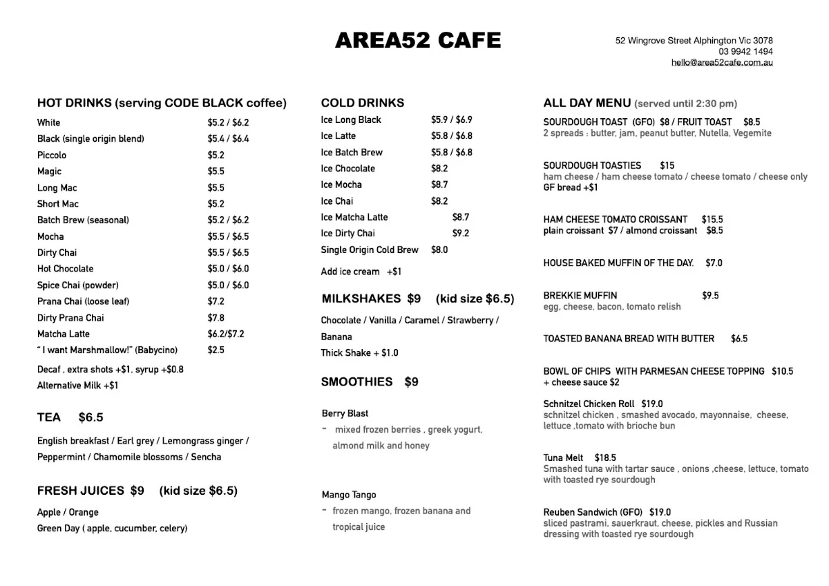 Menu, Area52 Cafe