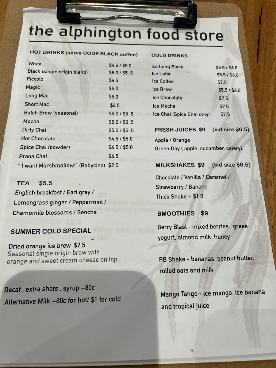 Menu, Area52 Cafe