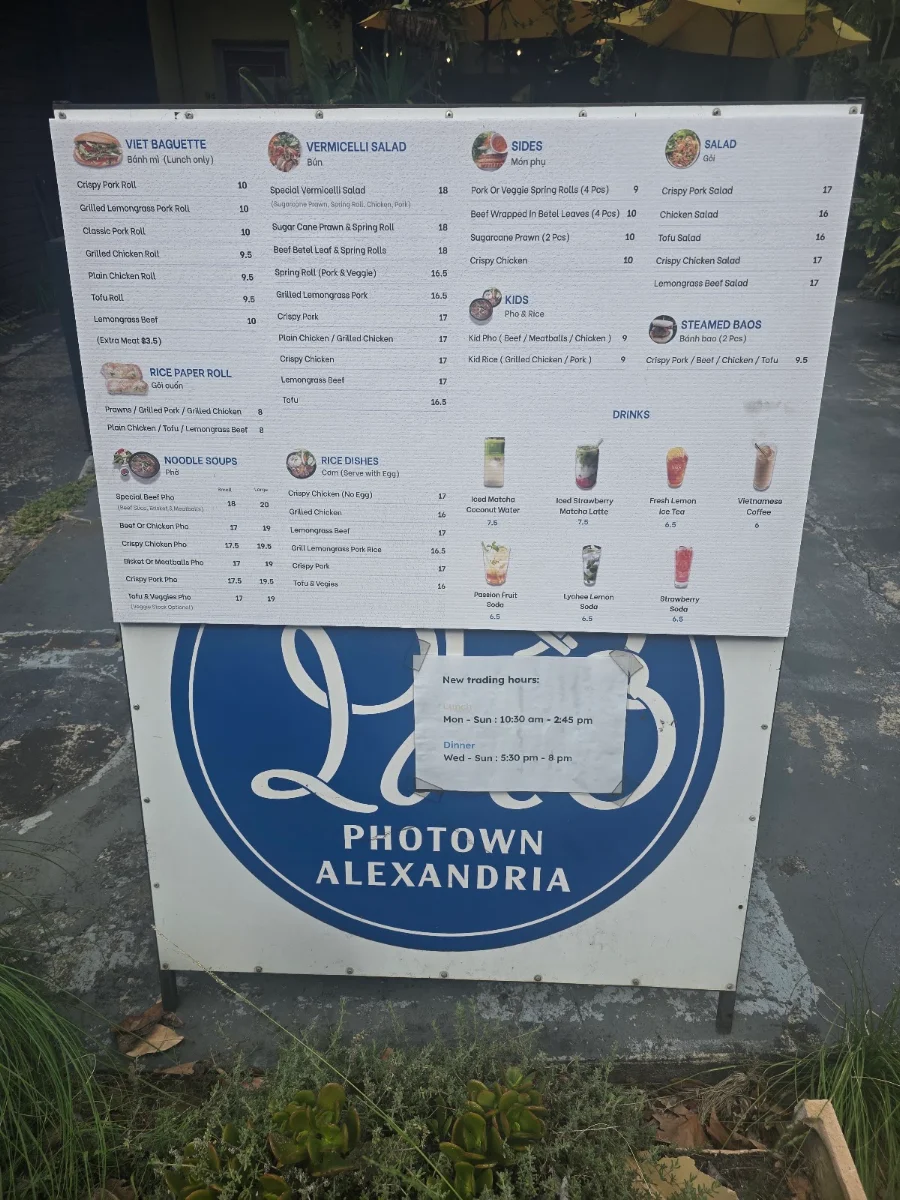 Menu, Photown Alexandria