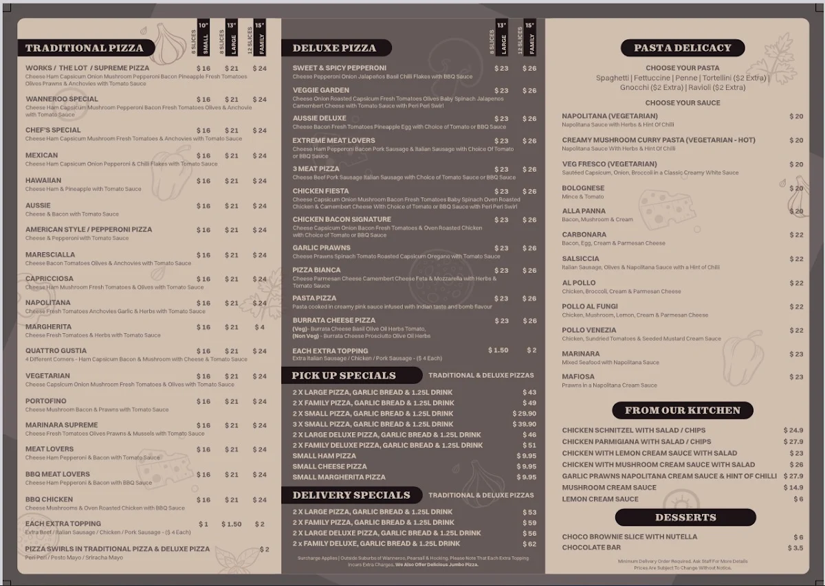 Menu, Heathridge Pizza