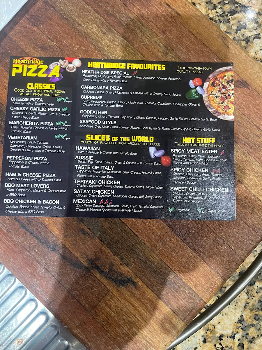 Menu, Heathridge Pizza