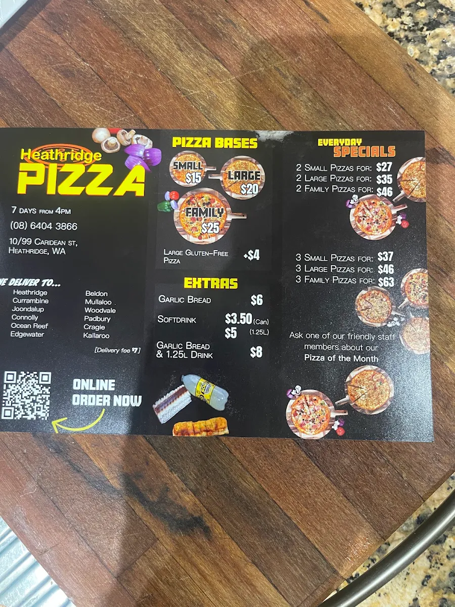 Menu, Heathridge Pizza