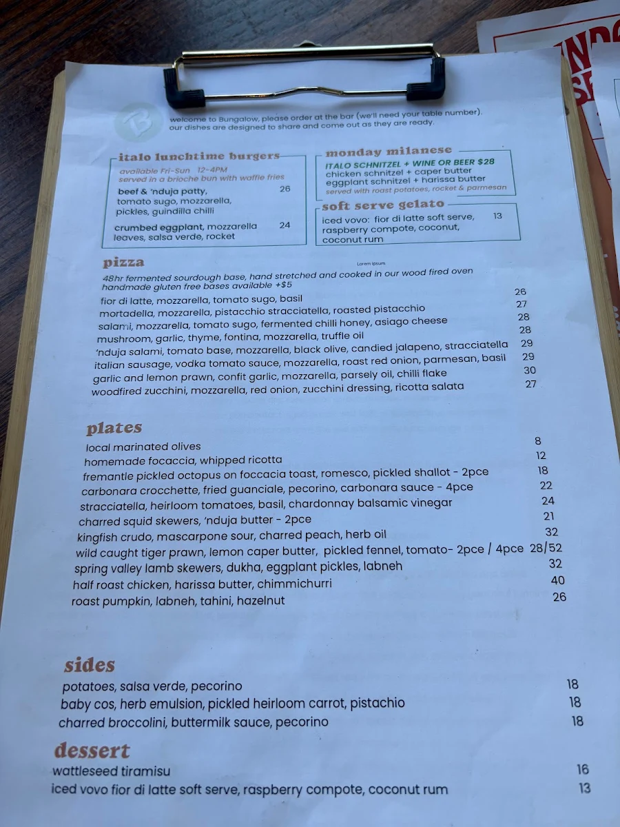 Menu, Bungalow Neighbourhood Social