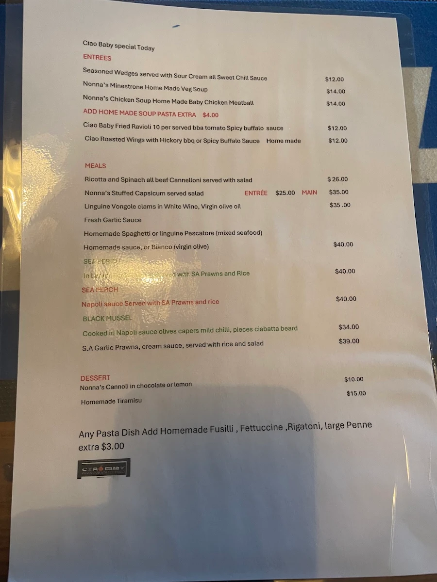 Menu, Ciao Baby Pizza Pub