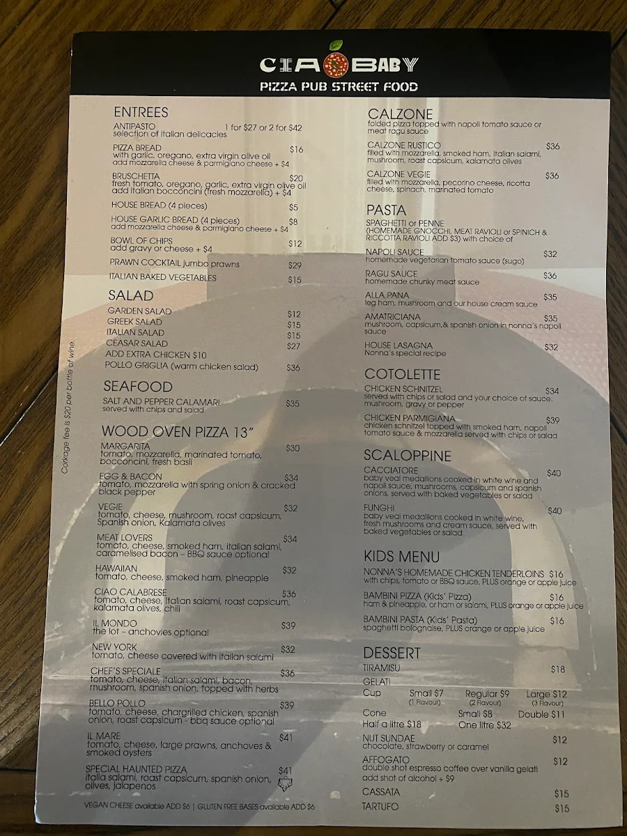 Menu, Ciao Baby Pizza Pub
