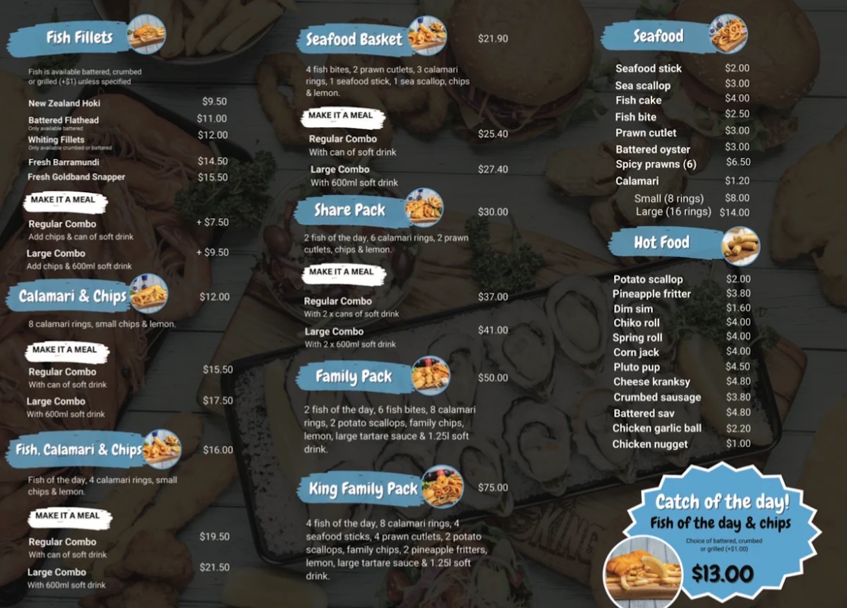 Menu, Kingfish & Chips