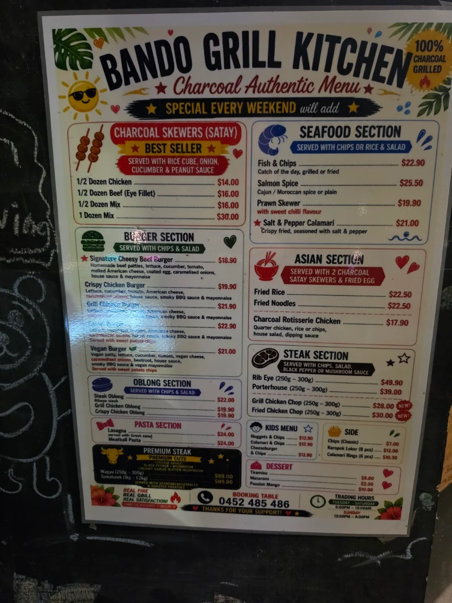 Menu, BANDO GRILL KITCHEN