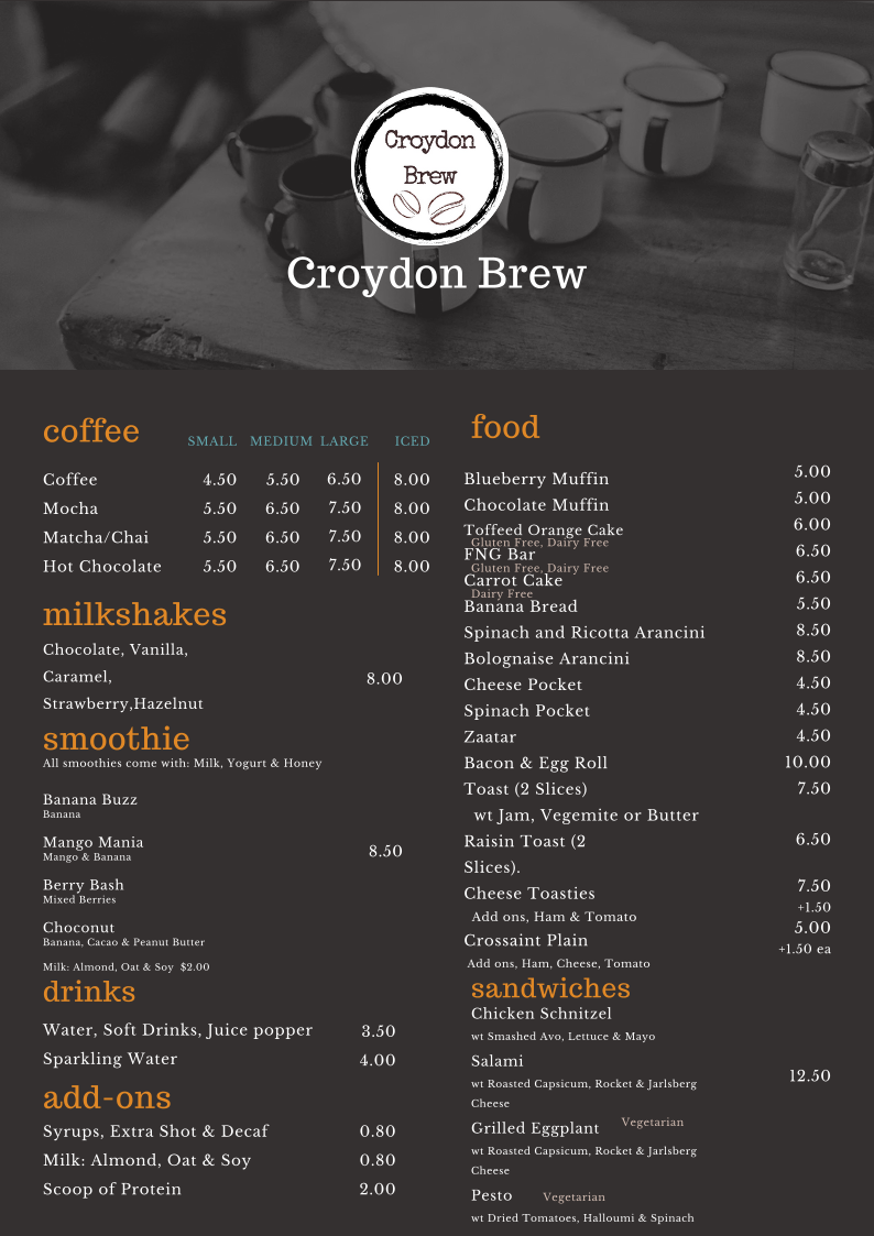 Menu, Croydon Brew
