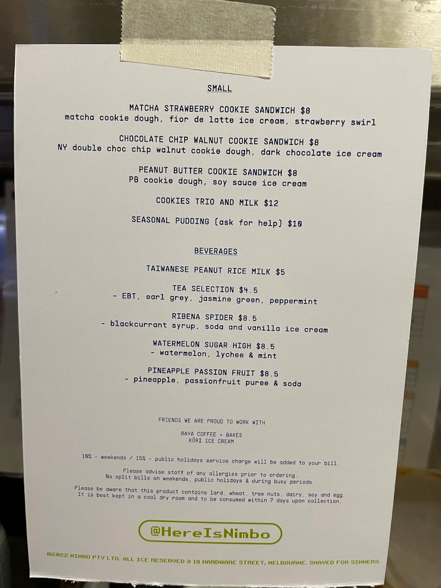 Menu, Nimbo - Late Night Desserts, Bingsu and Matcha