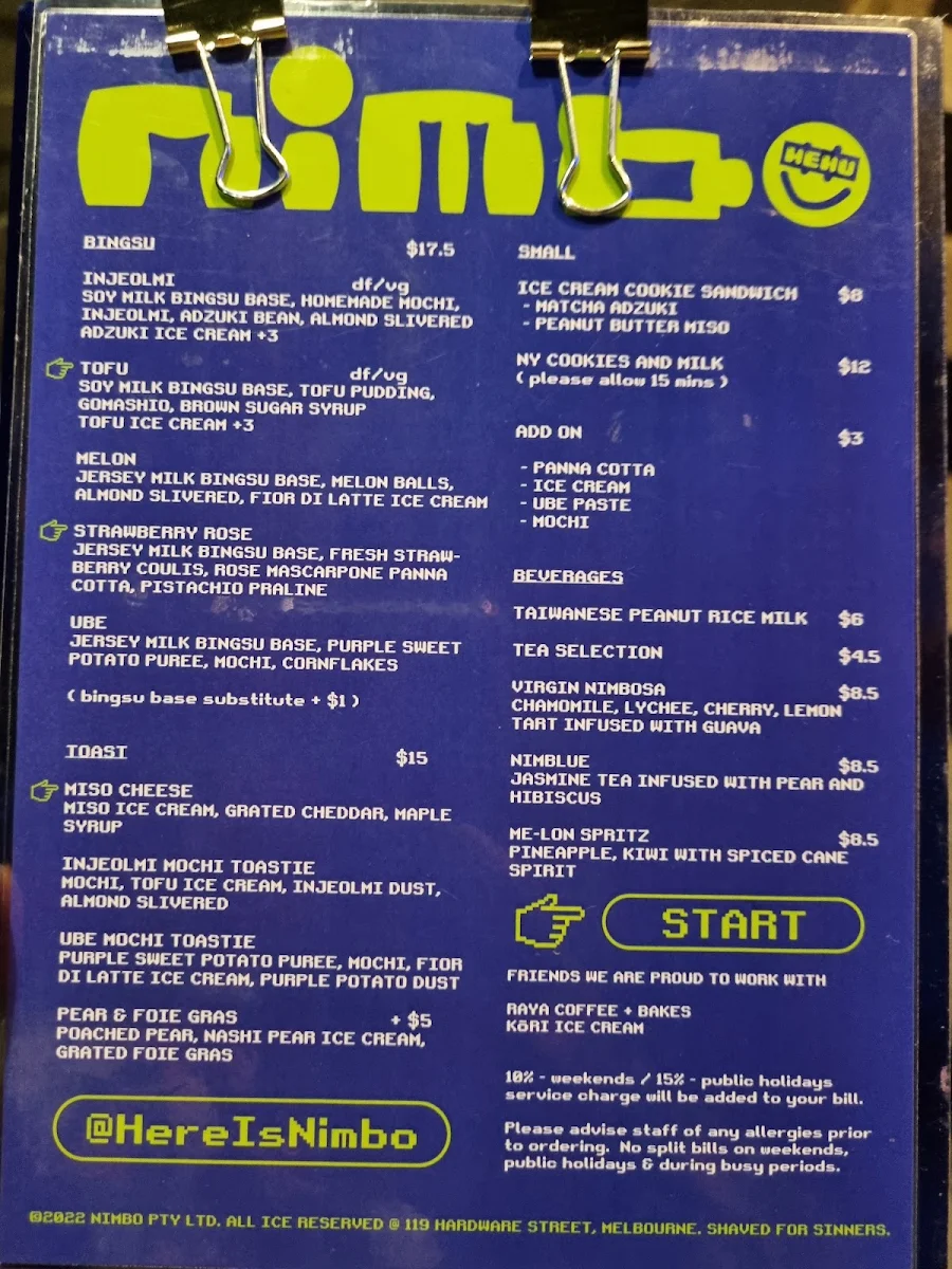 Menu, Nimbo - Late Night Desserts, Bingsu and Matcha