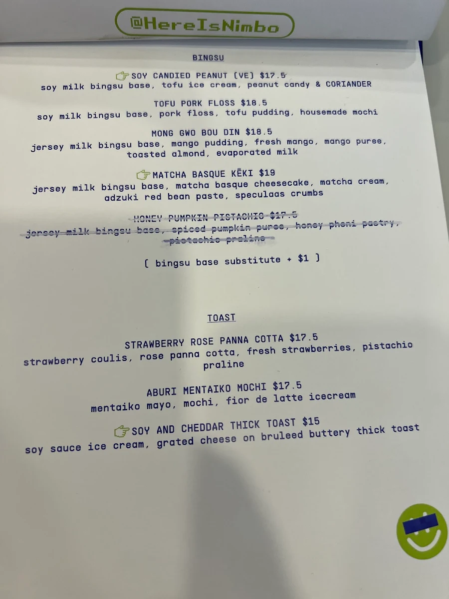 Menu, Nimbo - Late Night Desserts, Bingsu and Matcha