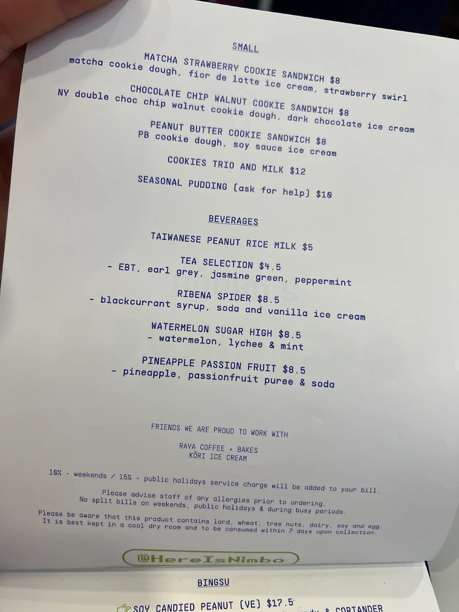 Menu, Nimbo - Late Night Desserts, Bingsu and Matcha