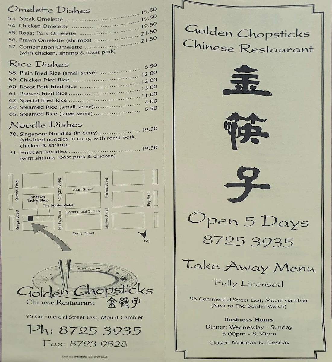 Menu, Golden Chopsticks