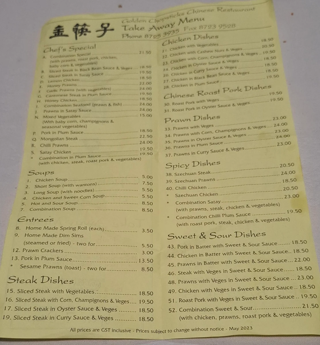 Menu, Golden Chopsticks