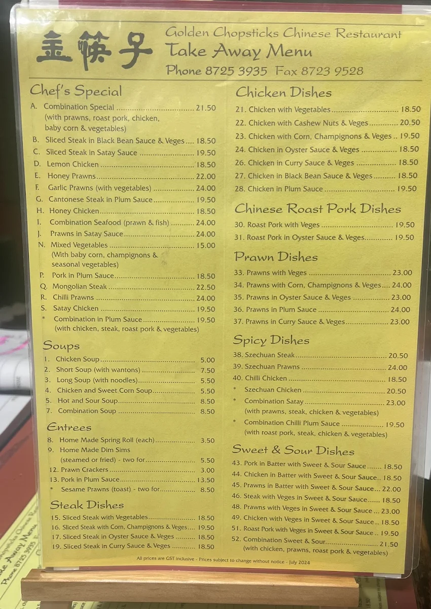 Menu, Golden Chopsticks