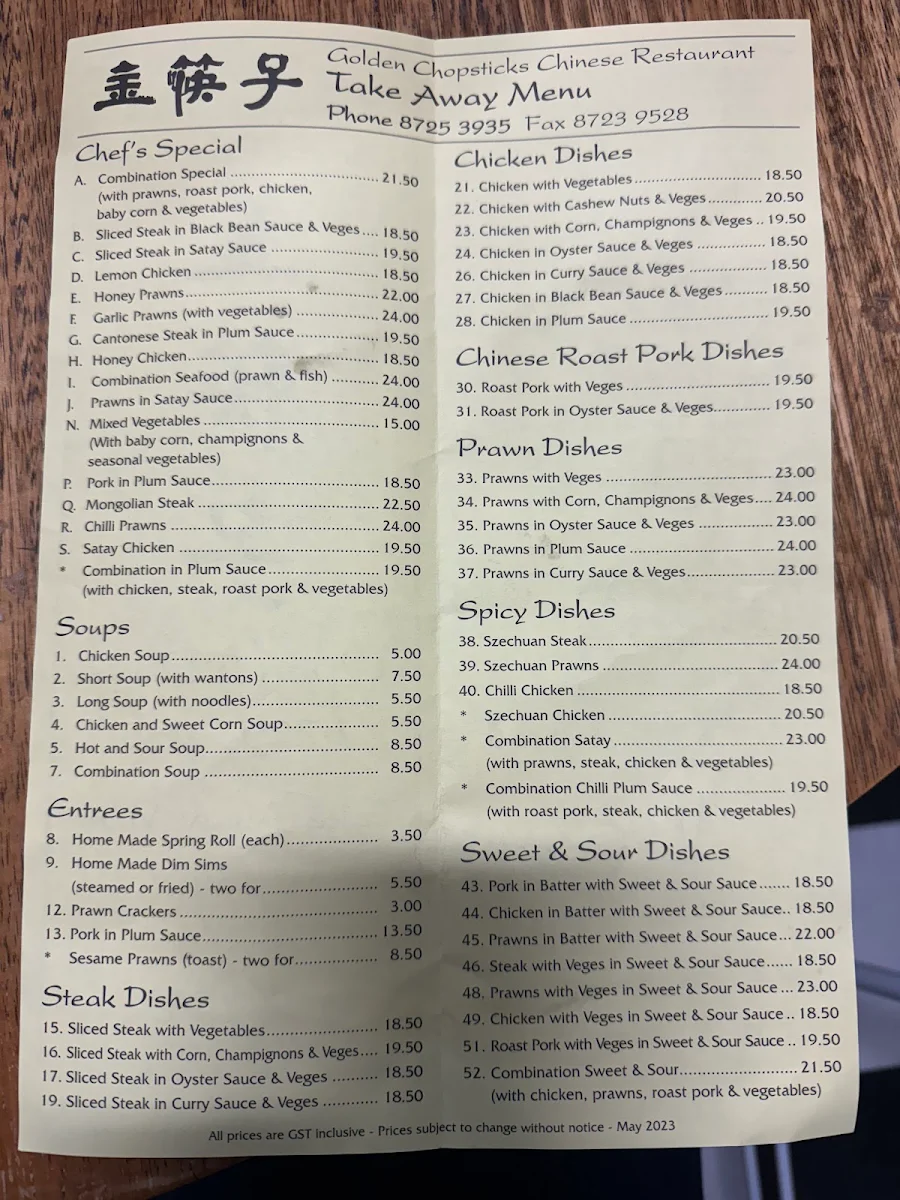 Menu, Golden Chopsticks