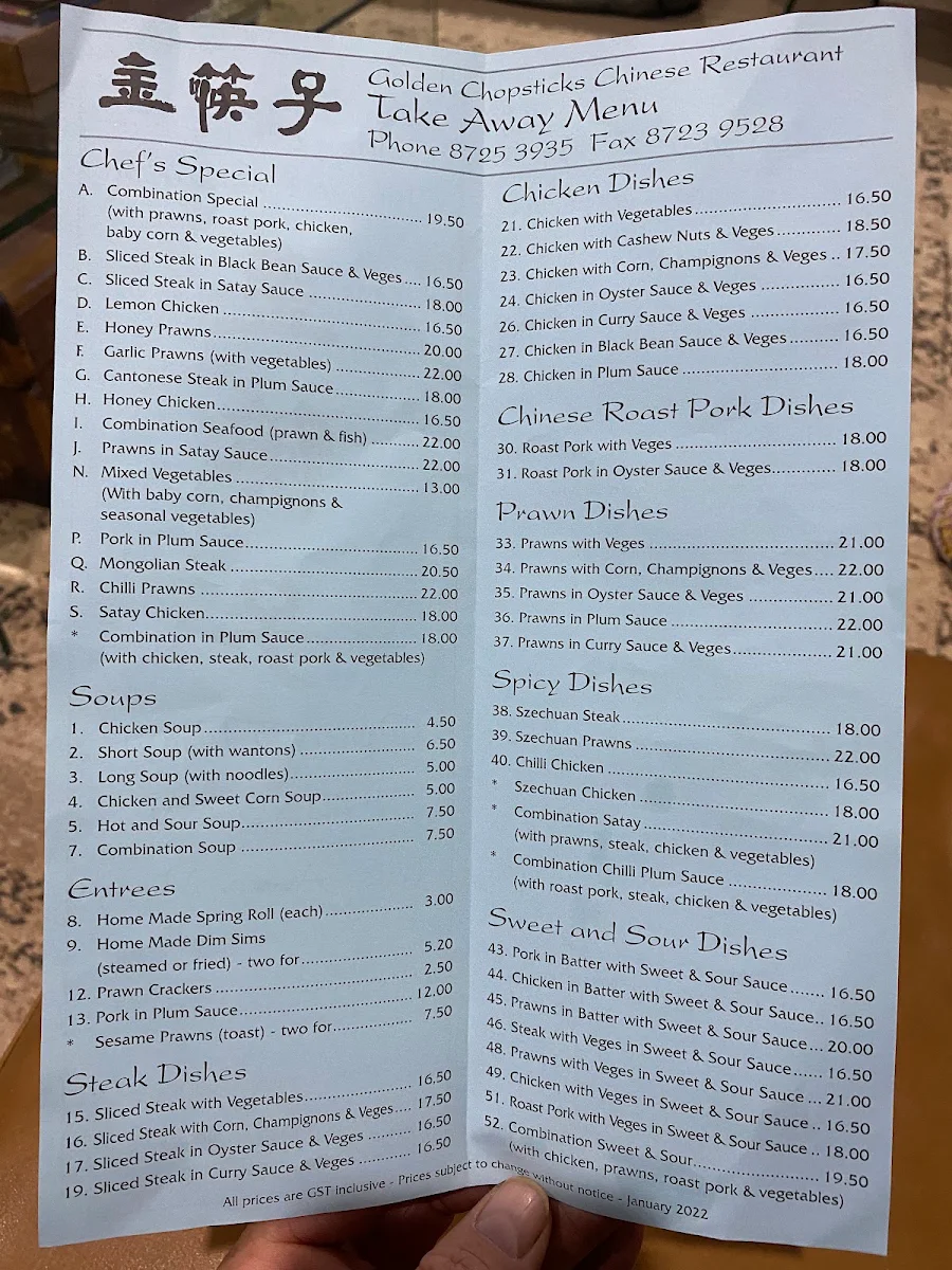 Menu, Golden Chopsticks