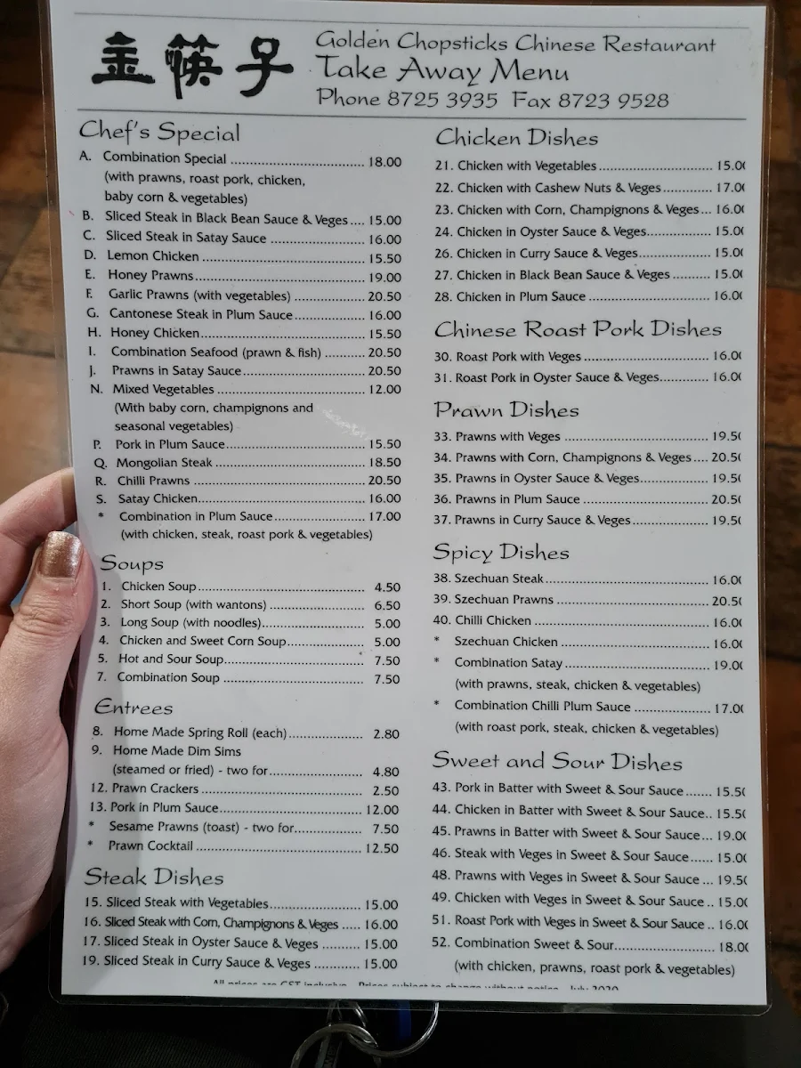 Menu, Golden Chopsticks