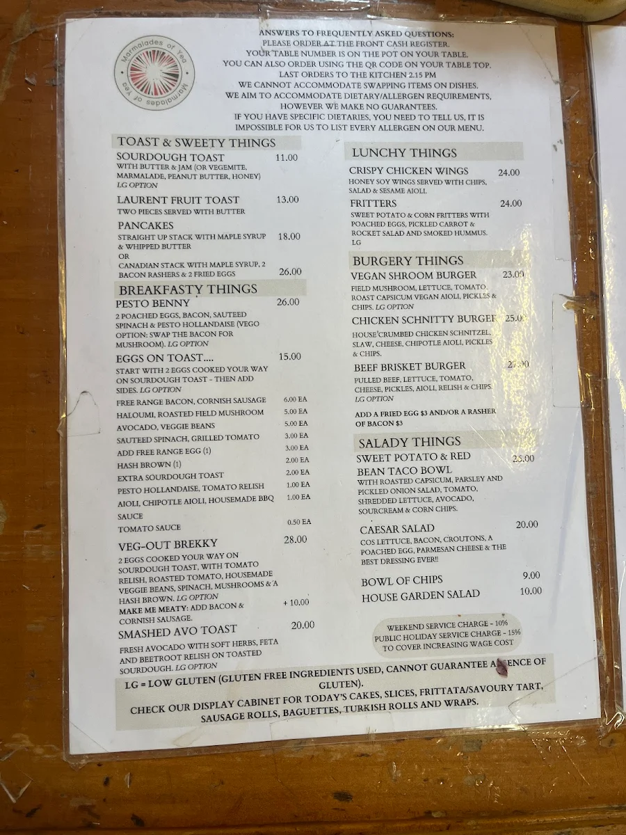 Menu, Marmalades