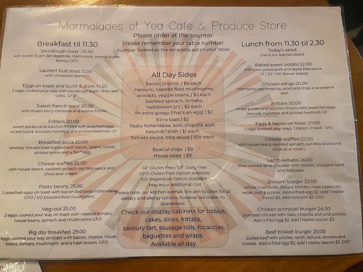 Menu, Marmalades