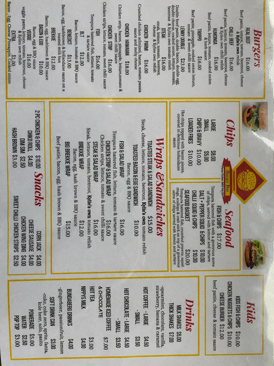 Menu, Burger Bus WA