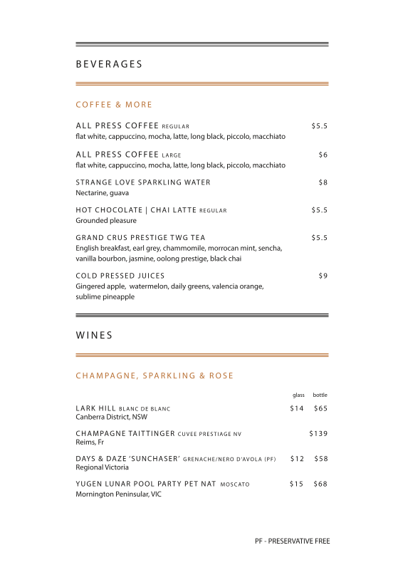 Menu, Tori Cafe | Bar