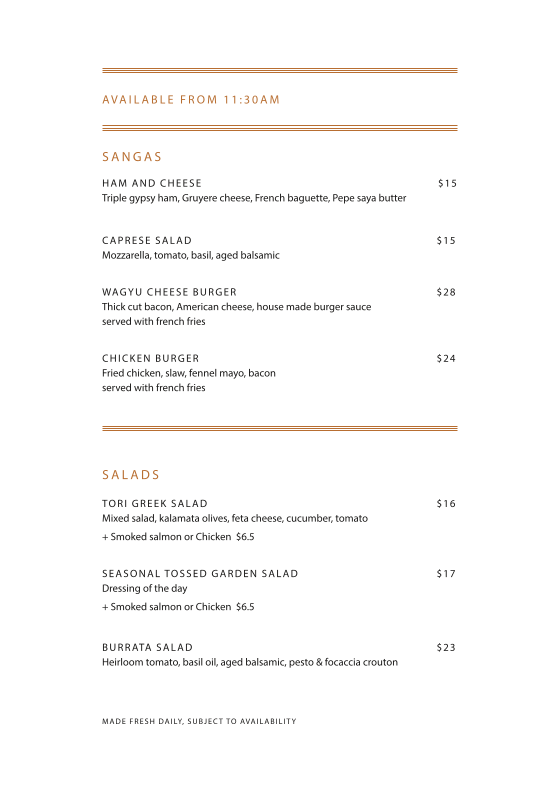 Menu, Tori Cafe | Bar