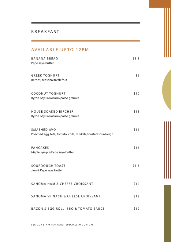 Menu, Tori Cafe | Bar