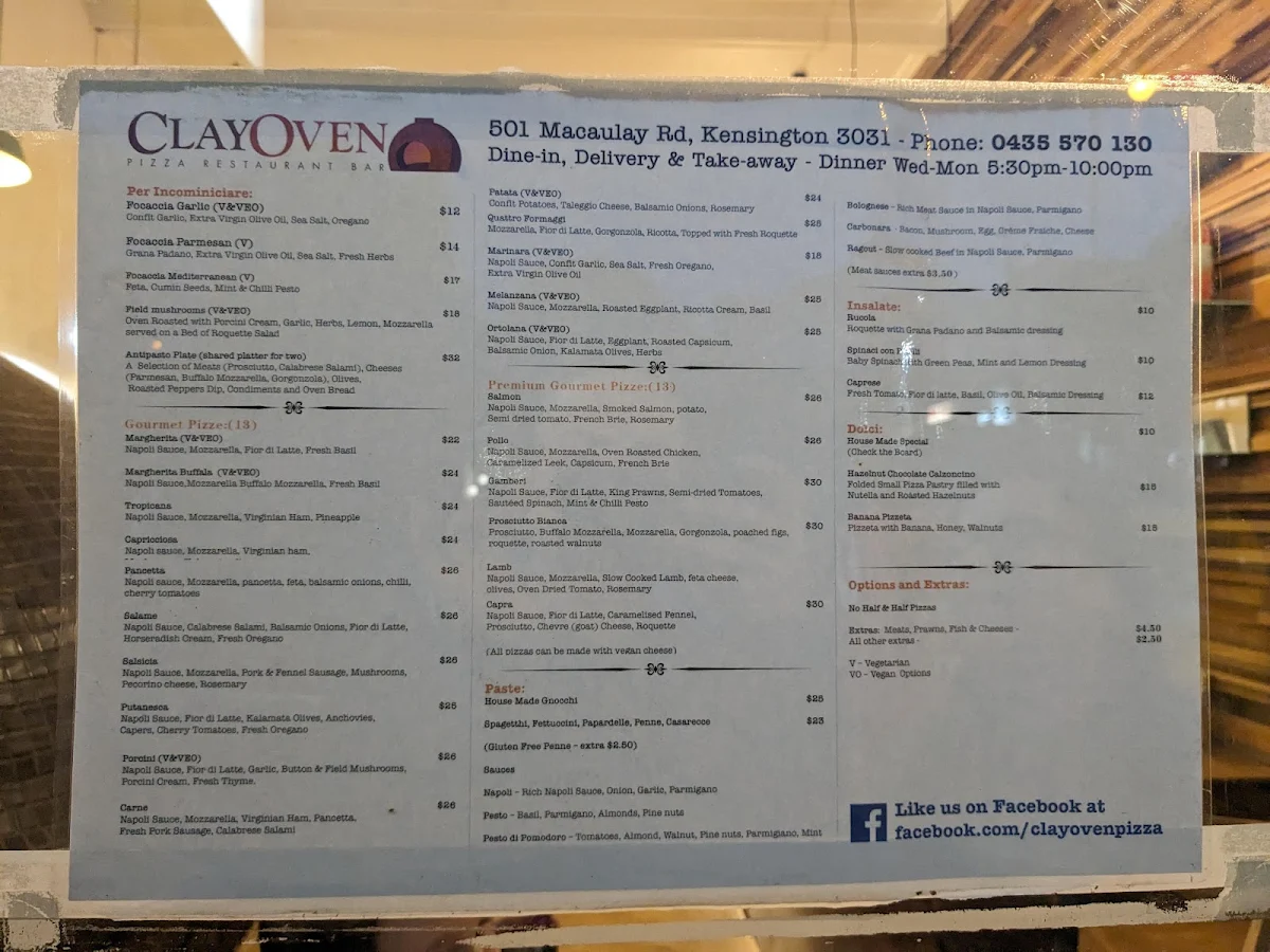 Menu, Clay Oven Pizza