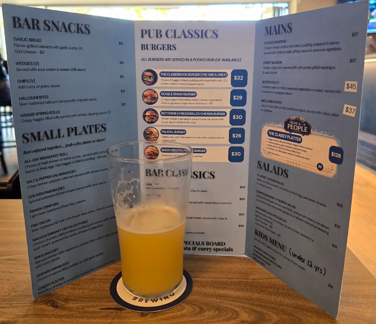 Menu, The Claisebrook Bar